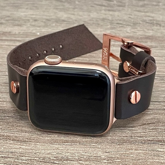 Apple iWatch Series 7 Dark Brown Leather Band Rose Gold Jewelry Strap Bracelet main image 2